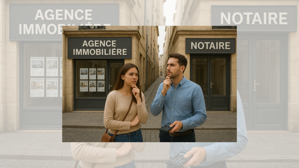 un couple hésite entre aller chez le notaire pour acheter sa résidence principale ou aller dans une agence immobilière pour la louer
